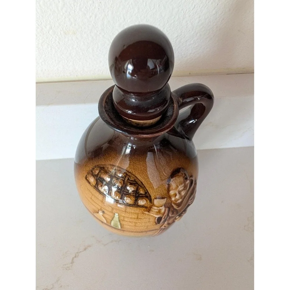 Vintage Monk Ceramic Decanter Brown Ombre Glaze Relief 3D Design with Stopper